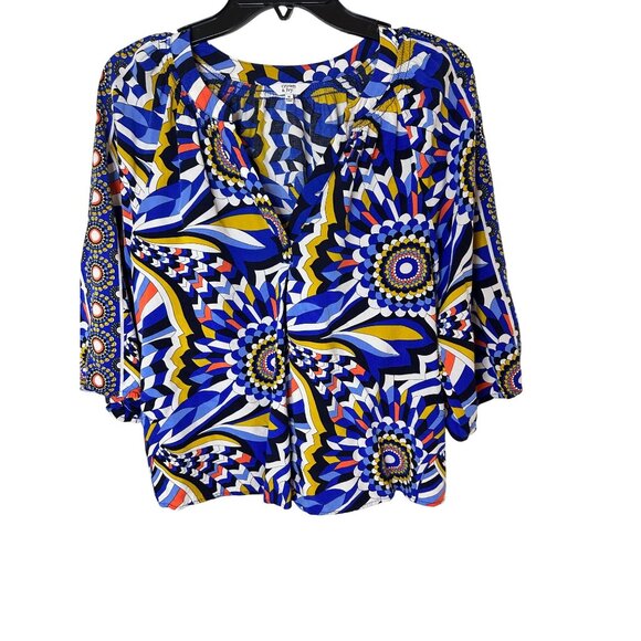 Crown & Ivy Womens Boho Style Printed Blouse Top Medium Blue Lightweight - Picture 2 of 5